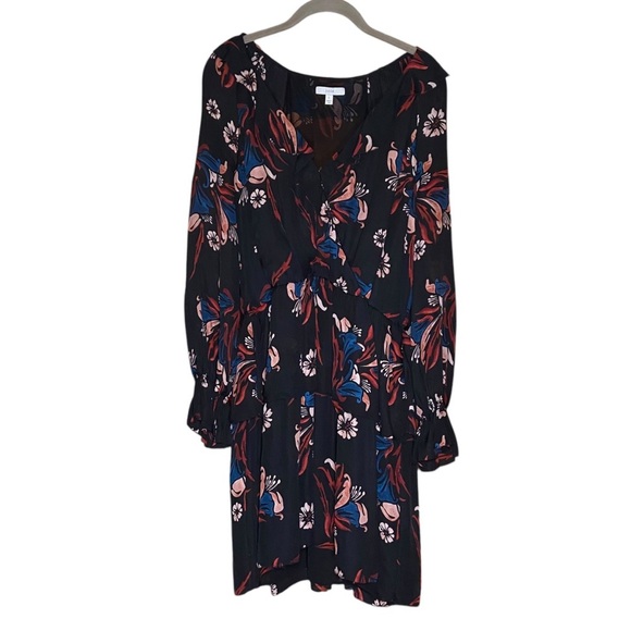 JOIE Silk Mini Dress Long Sleeve V-Neck Layered Ruffle Skirt Large Black Floral - Picture 2 of 5